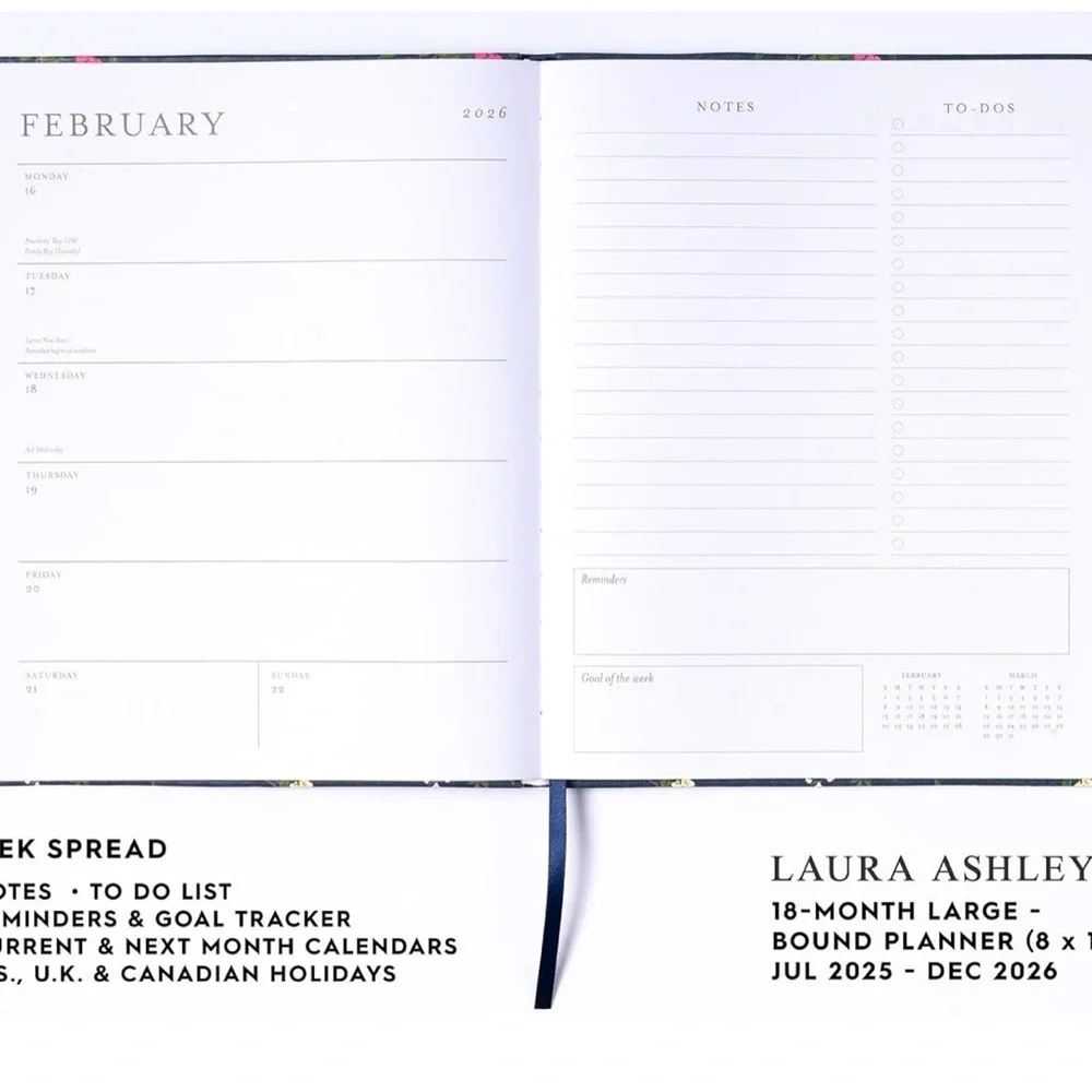 Laura Ashley 2025-2026 Agenda Planner, 18 Month, Monthly & Weekly Pages 8 x 10